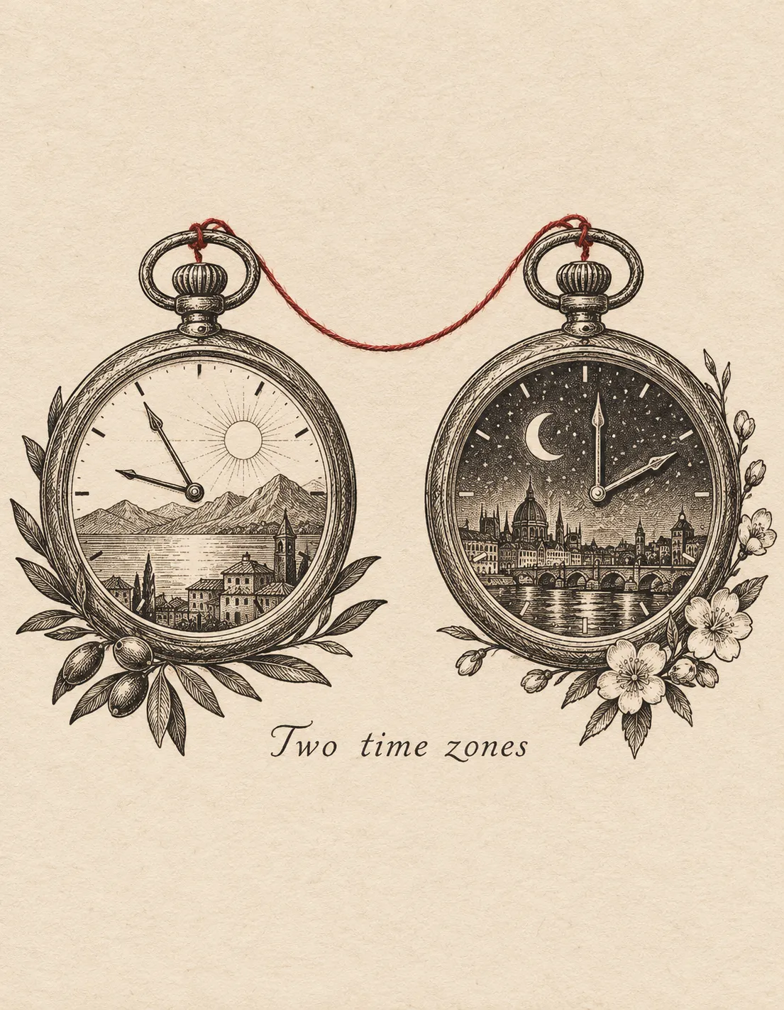 Miss You card illustration: two time zones