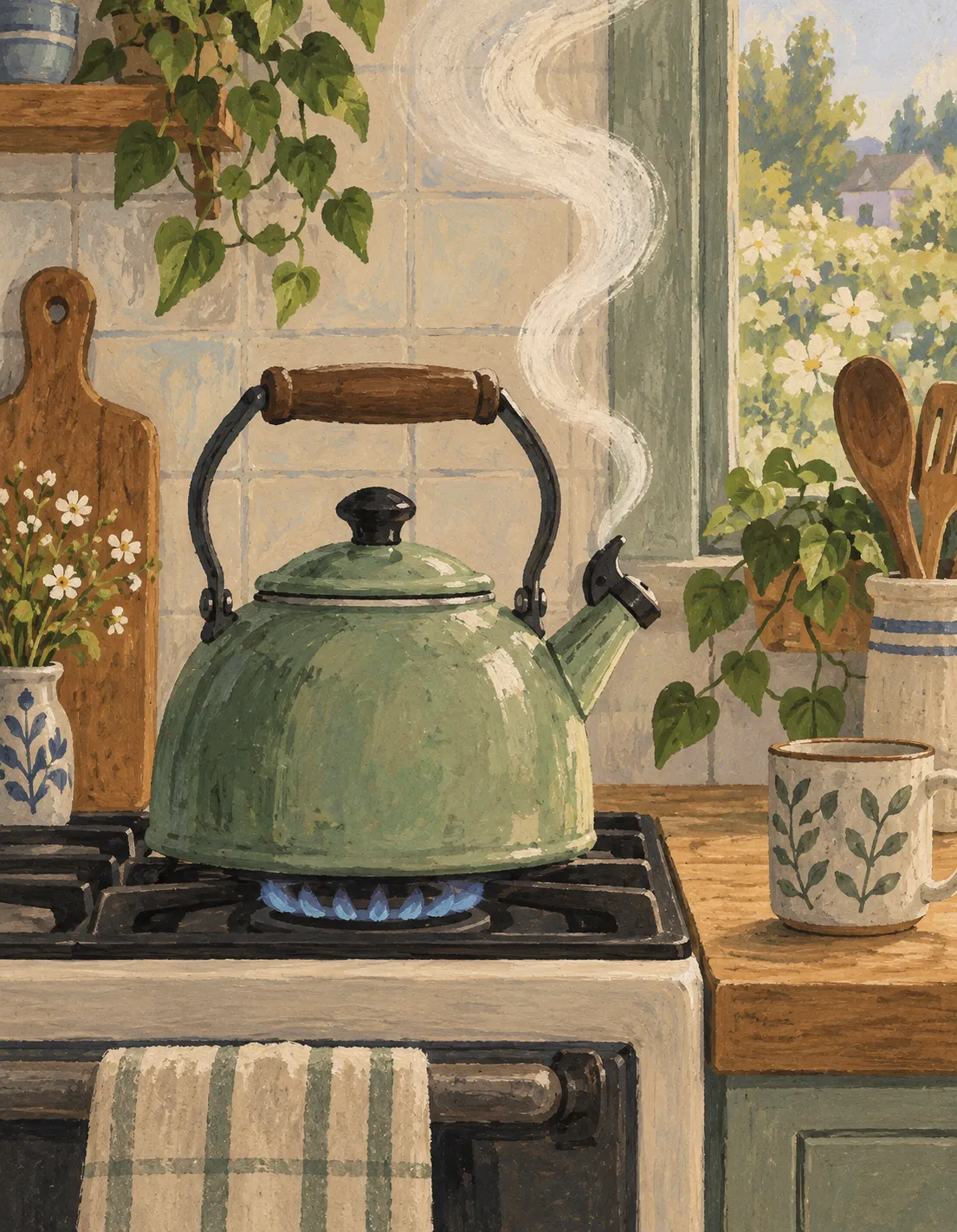 Thinking of You card illustration: kettle on the stove