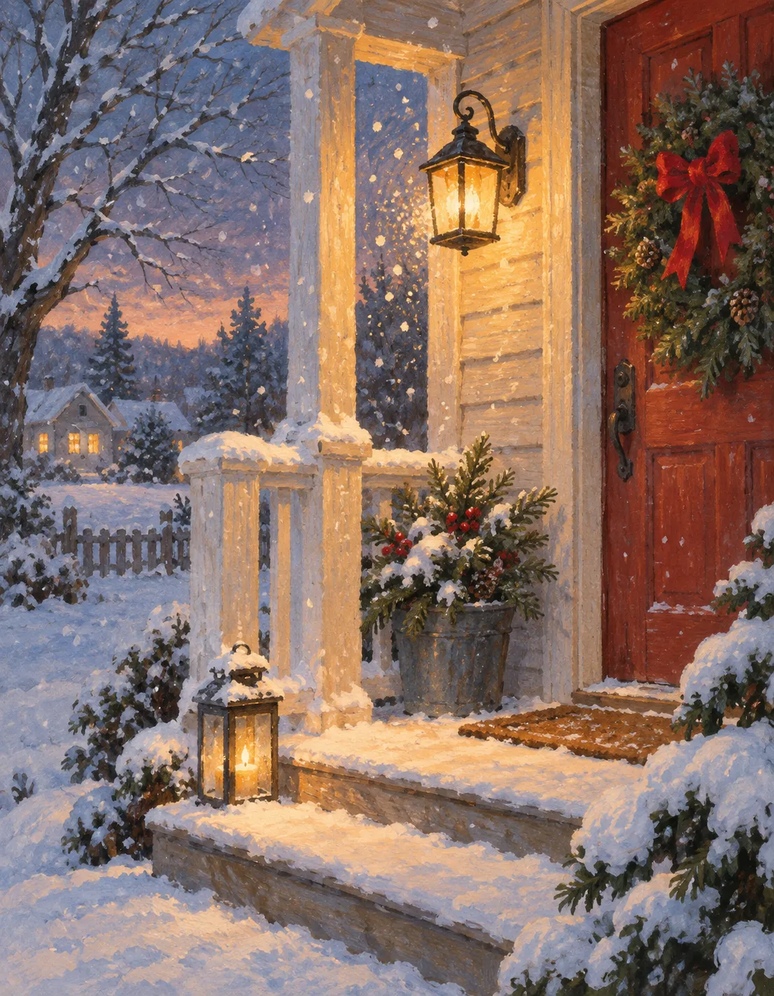 Christmas card illustration: porch light in snow