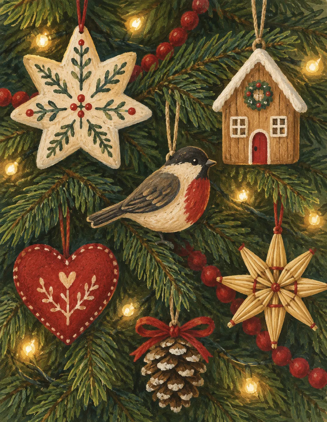 Christmas card illustration: ornaments on a tree