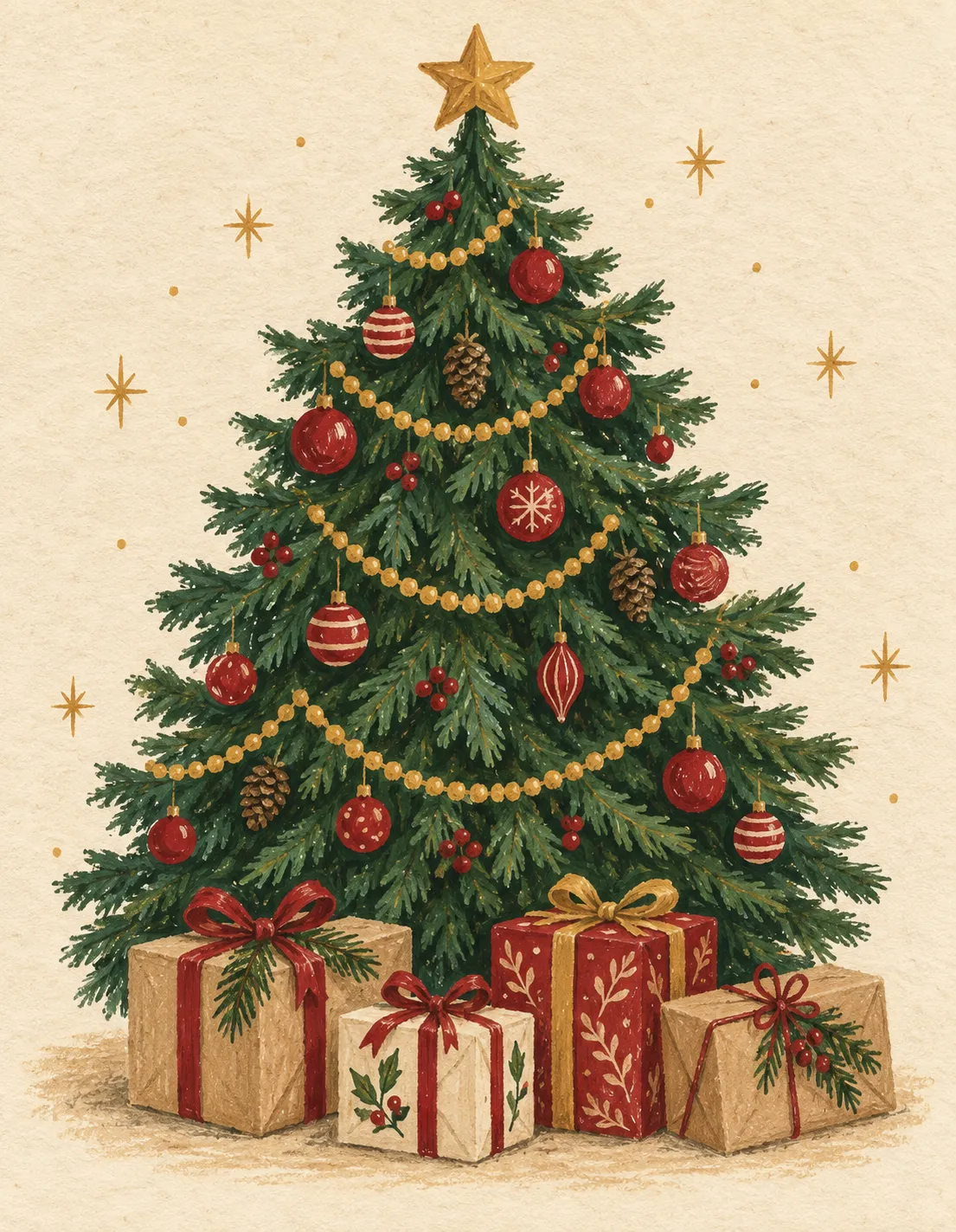 Christmas card illustration: a decorated tree with wrapped gifts underneath
