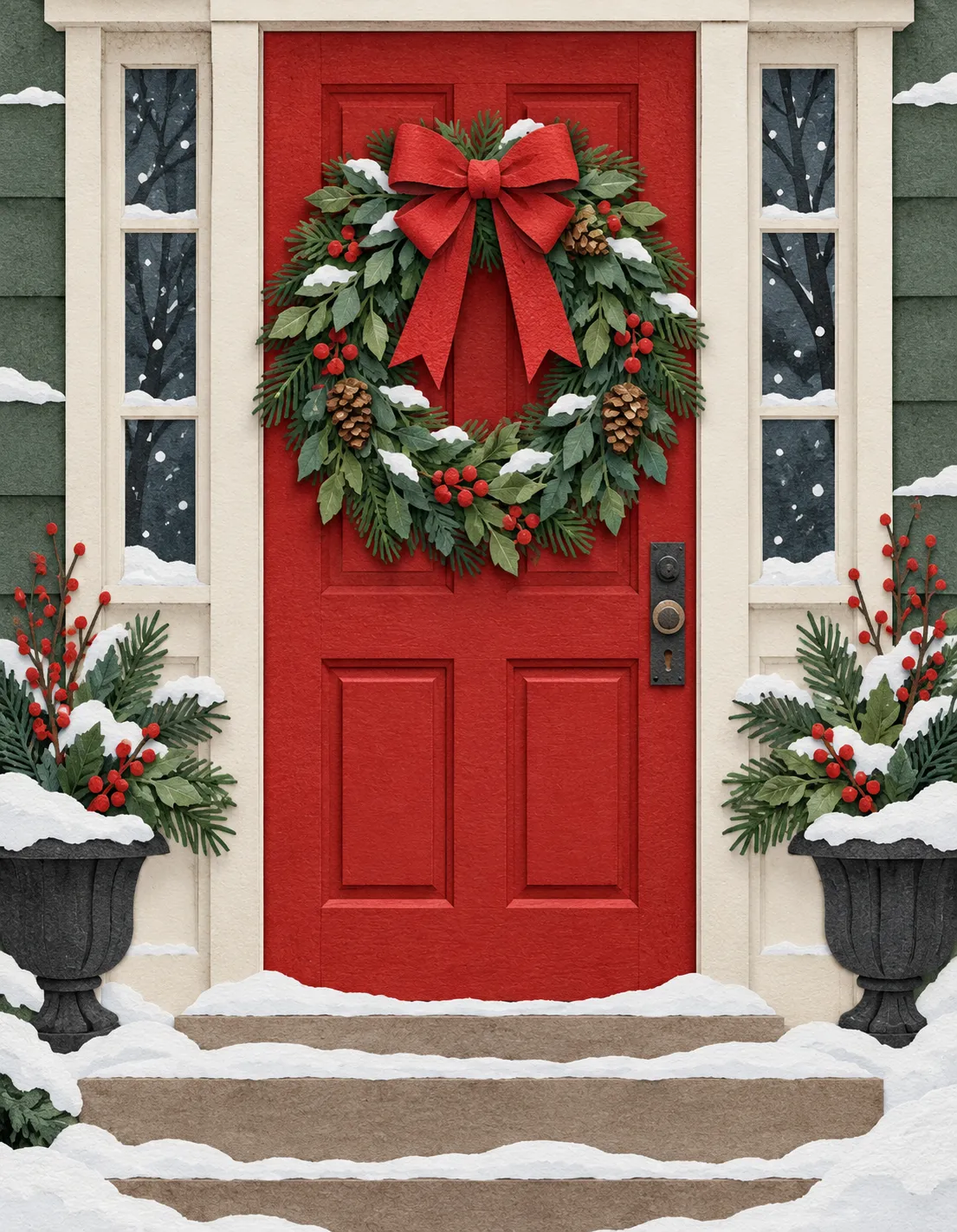 Christmas card illustration: an evergreen wreath with a red bow on a red front door with snow on the step