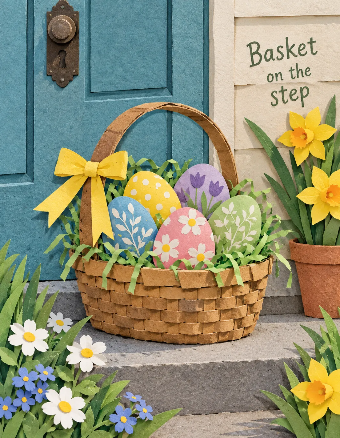 Easter card illustration: basket on the step