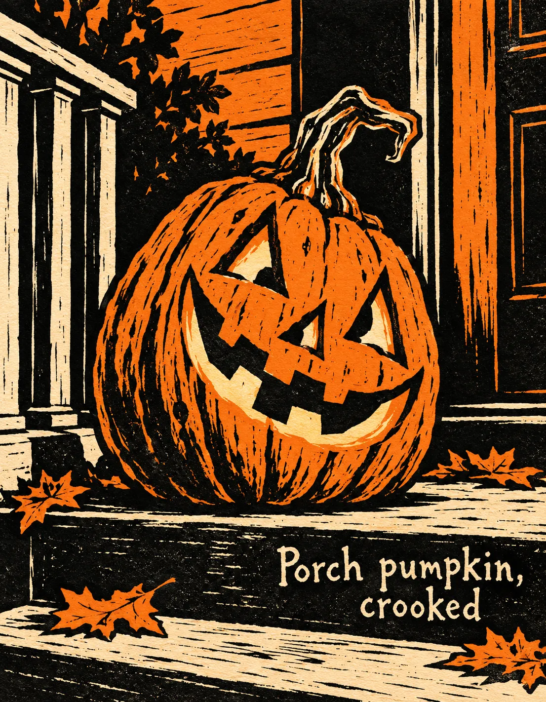 Halloween card illustration: porch pumpkin, crooked