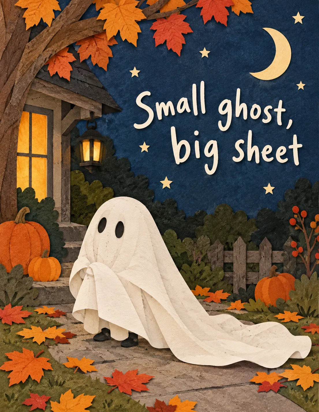 Halloween card illustration: small ghost, big sheet