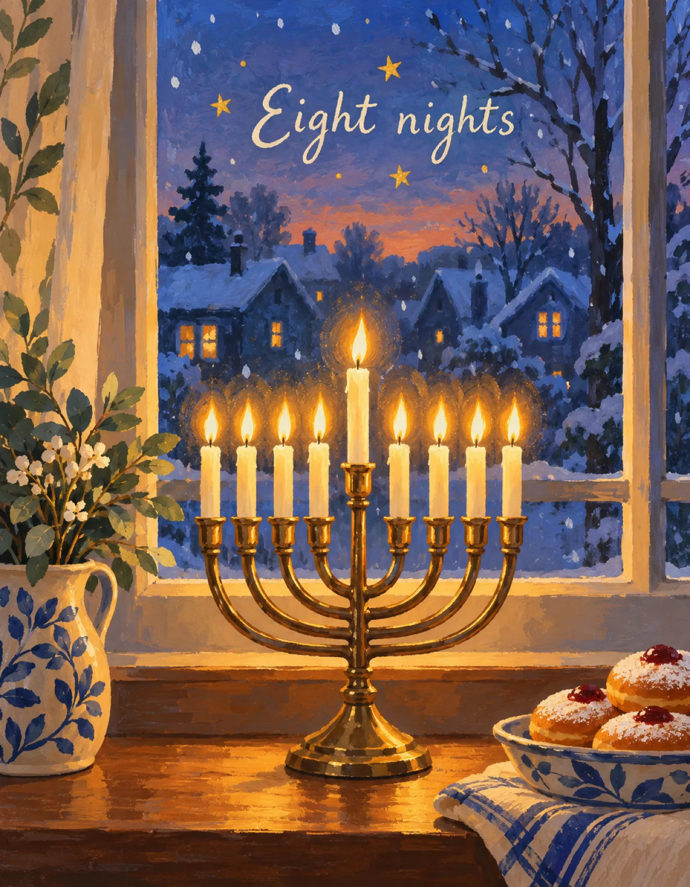 Hanukkah card illustration: eight nights