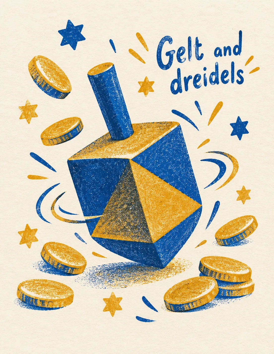 Hanukkah card illustration: gelt and dreidels