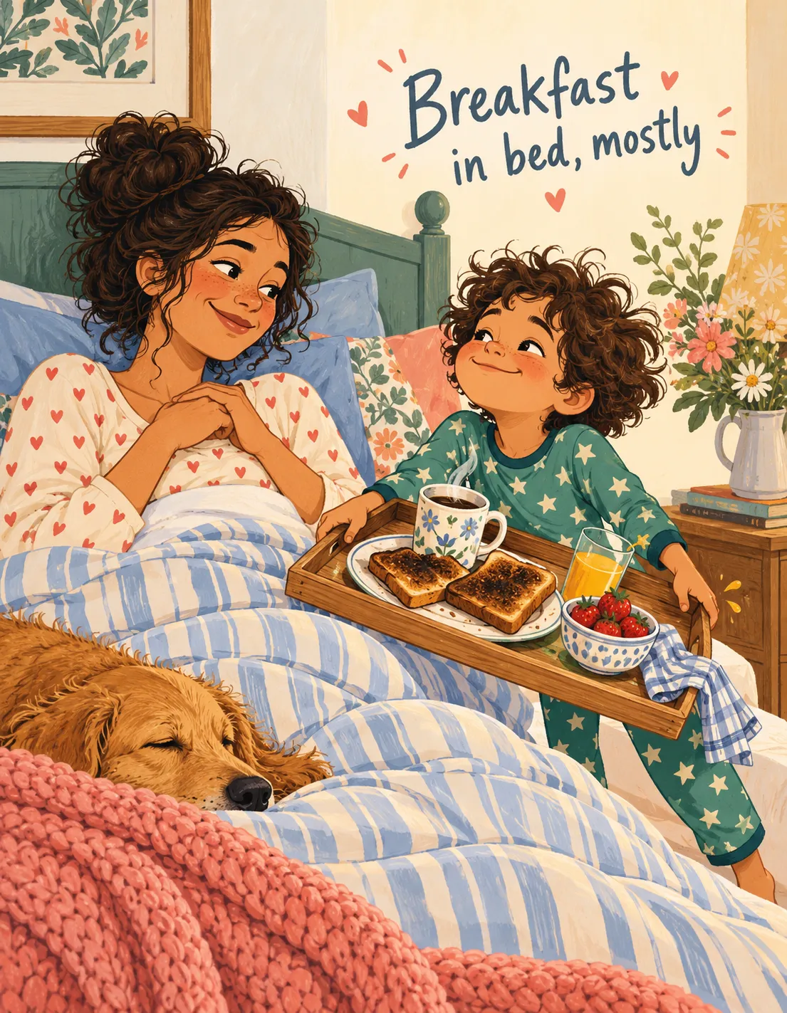 Mother's Day card illustration: breakfast in bed, mostly