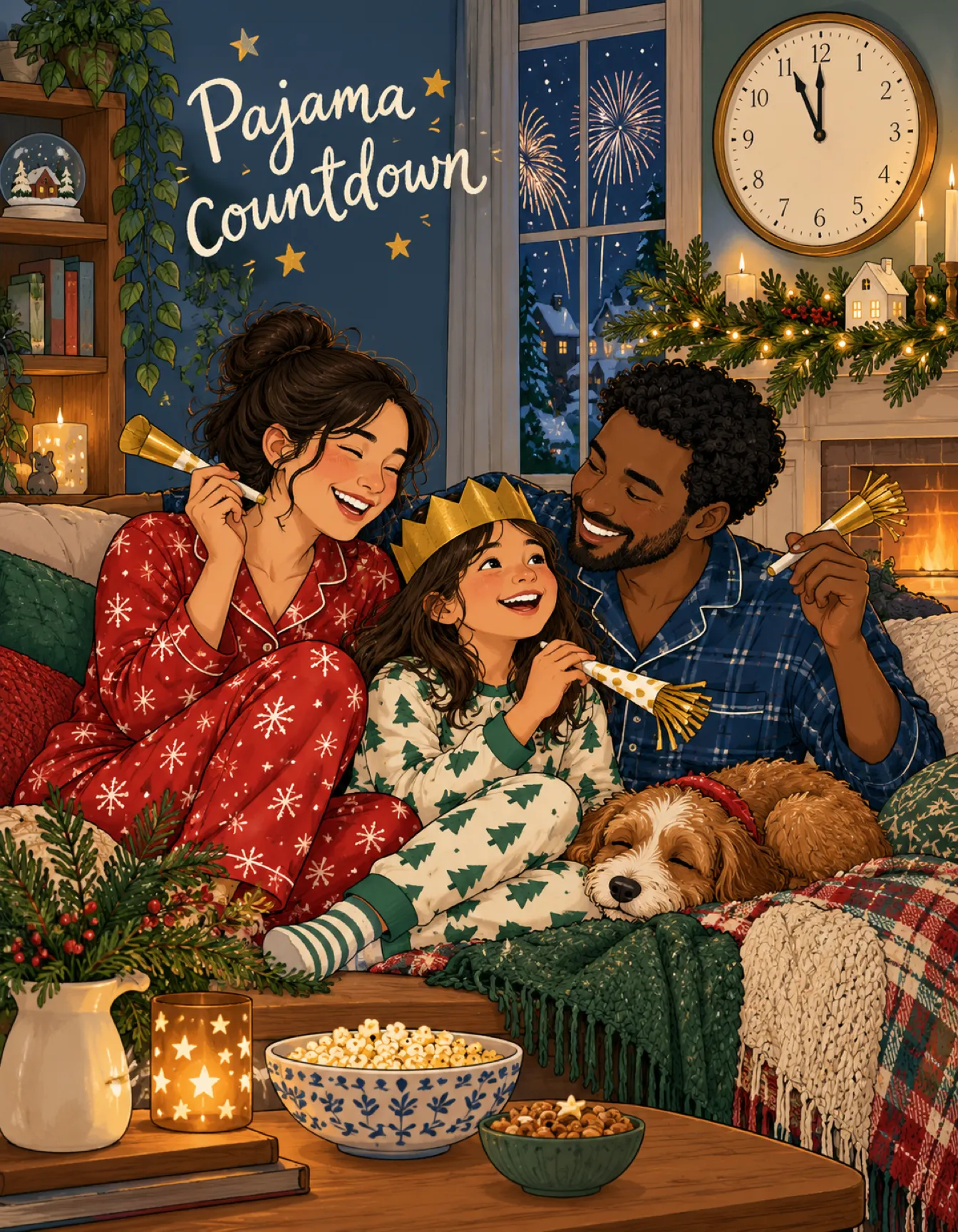 New Year card illustration: pajama countdown