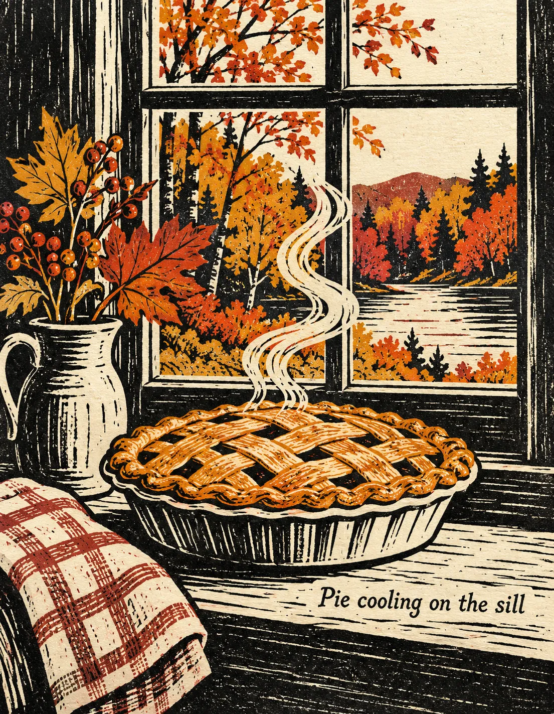 Thanksgiving card illustration: pie cooling on the sill