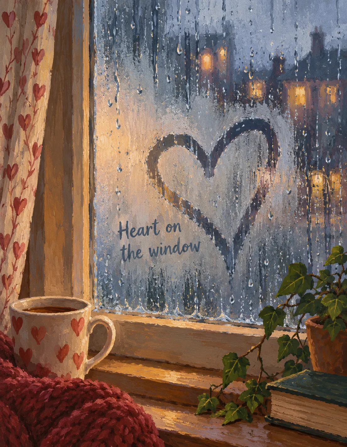 Valentine's Day card illustration: heart on the window
