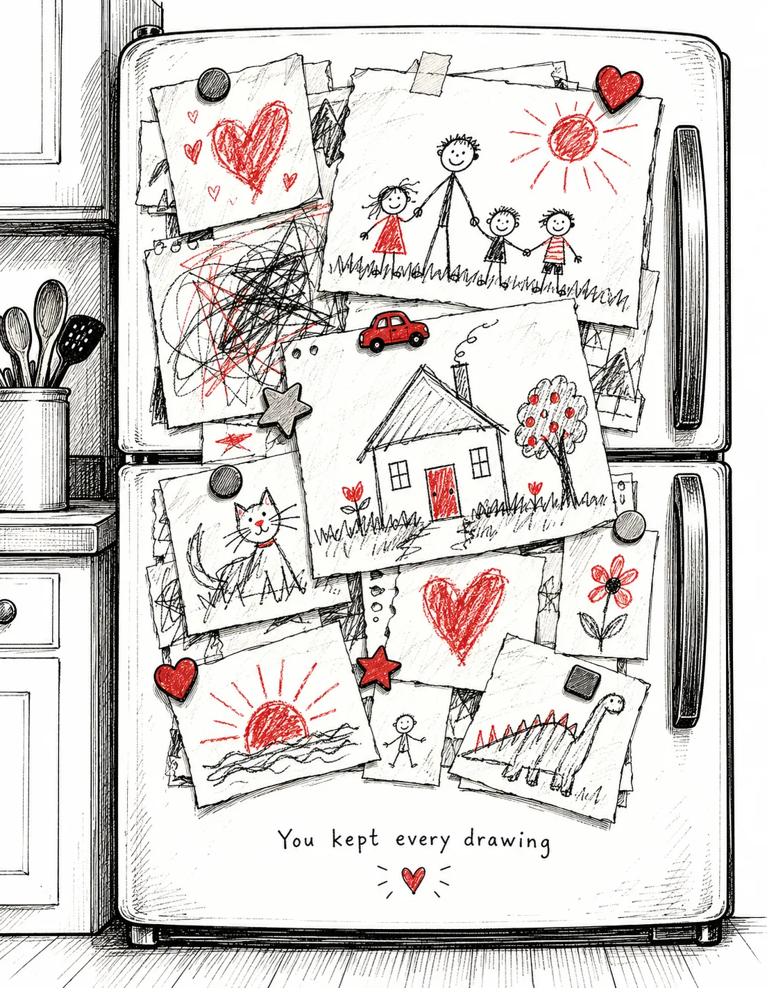 Dad card illustration: a refrigerator door covered in children's crayon drawings held up with magnets