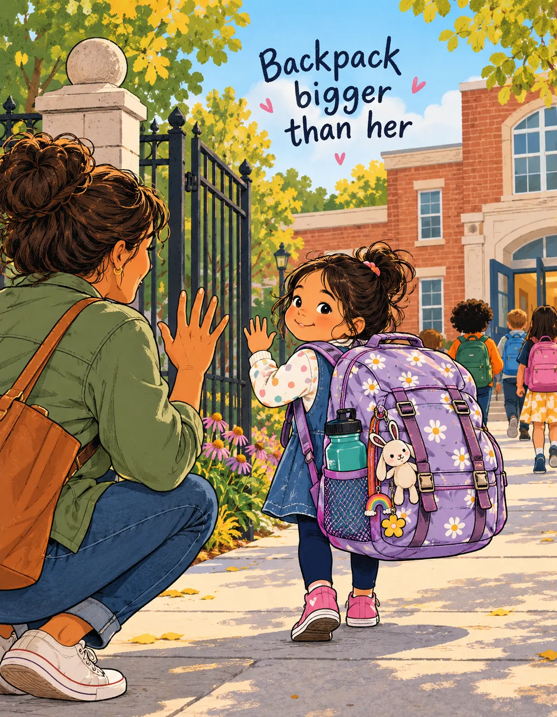 Daughter card illustration: backpack bigger than her