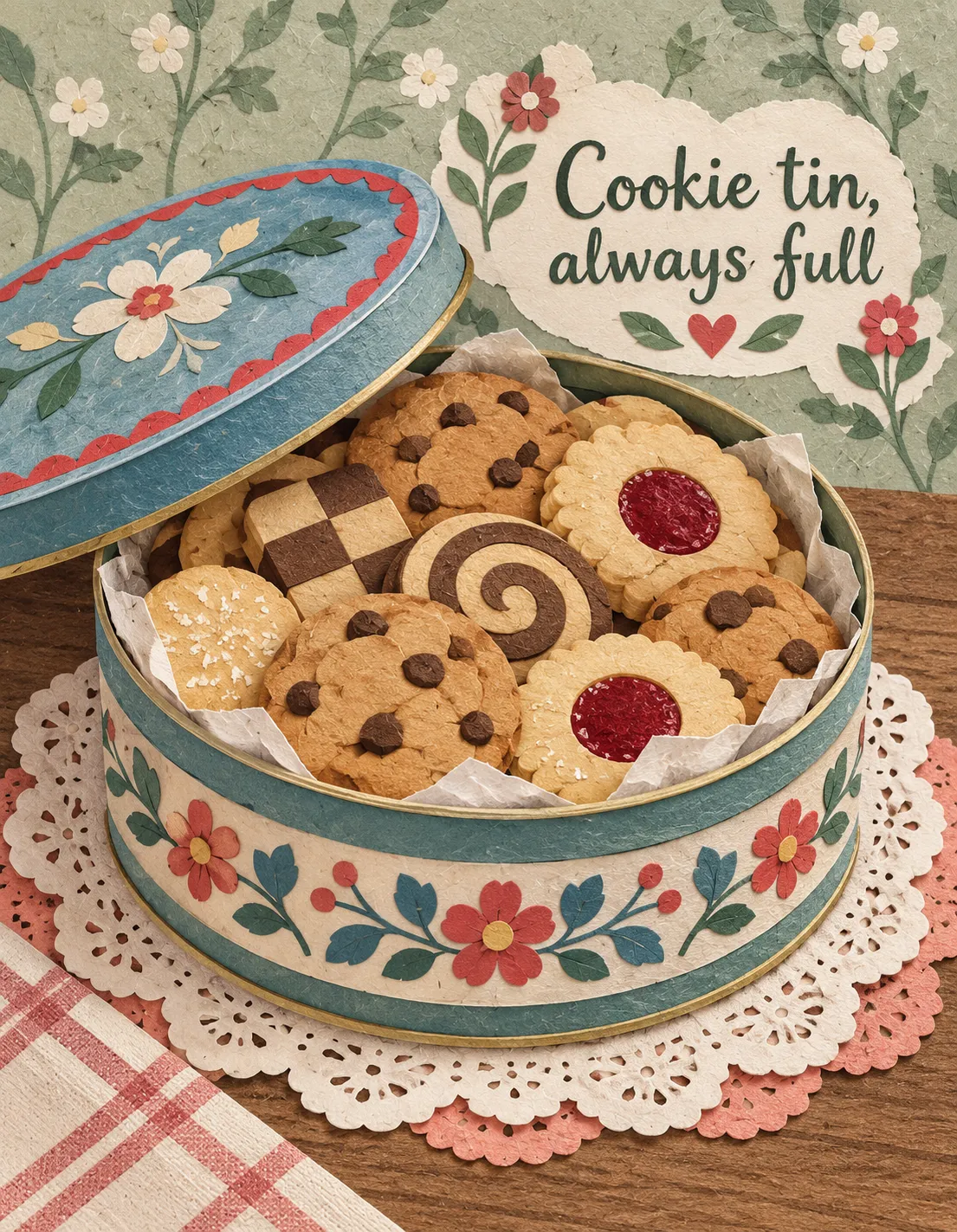 Grandma card illustration: cookie tin, always full