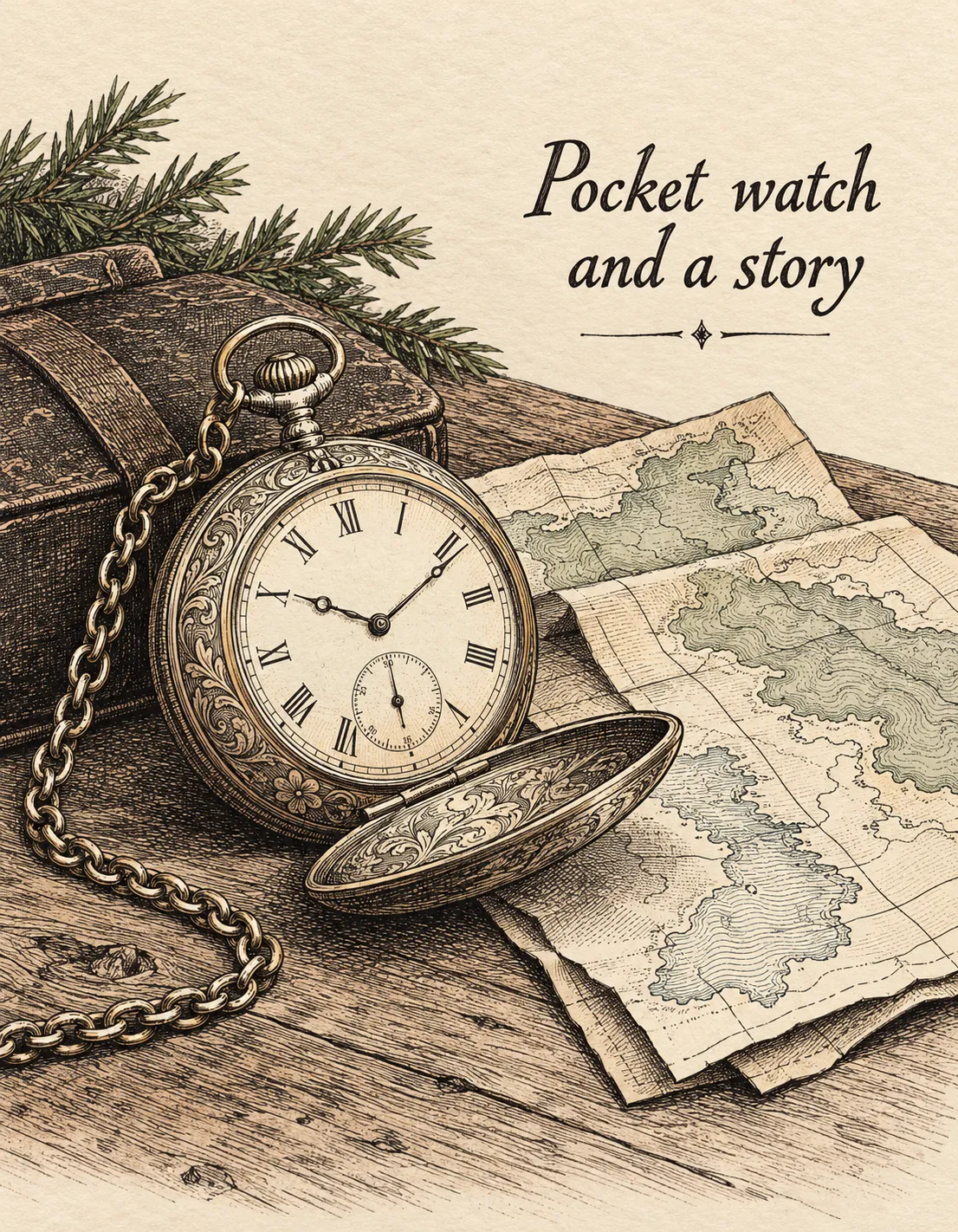 Grandpa card illustration: pocket watch and a story
