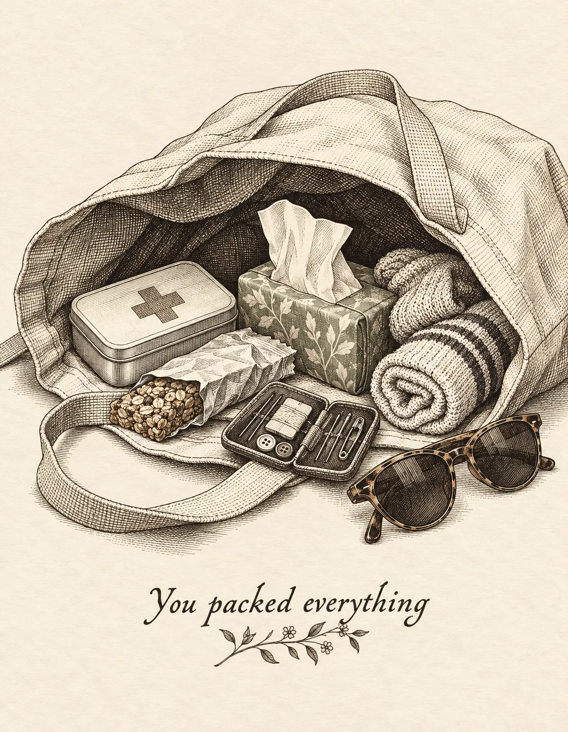 Mom card illustration: an open tote bag spilling out a bandage tin, a granola bar, tissues and spare socks