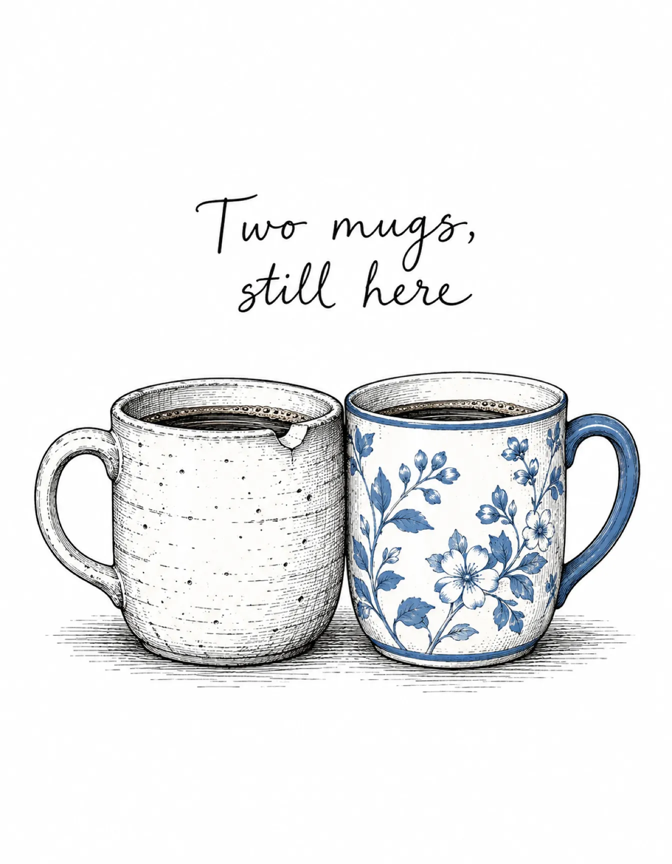 Anniversary card illustration: two mugs, still here