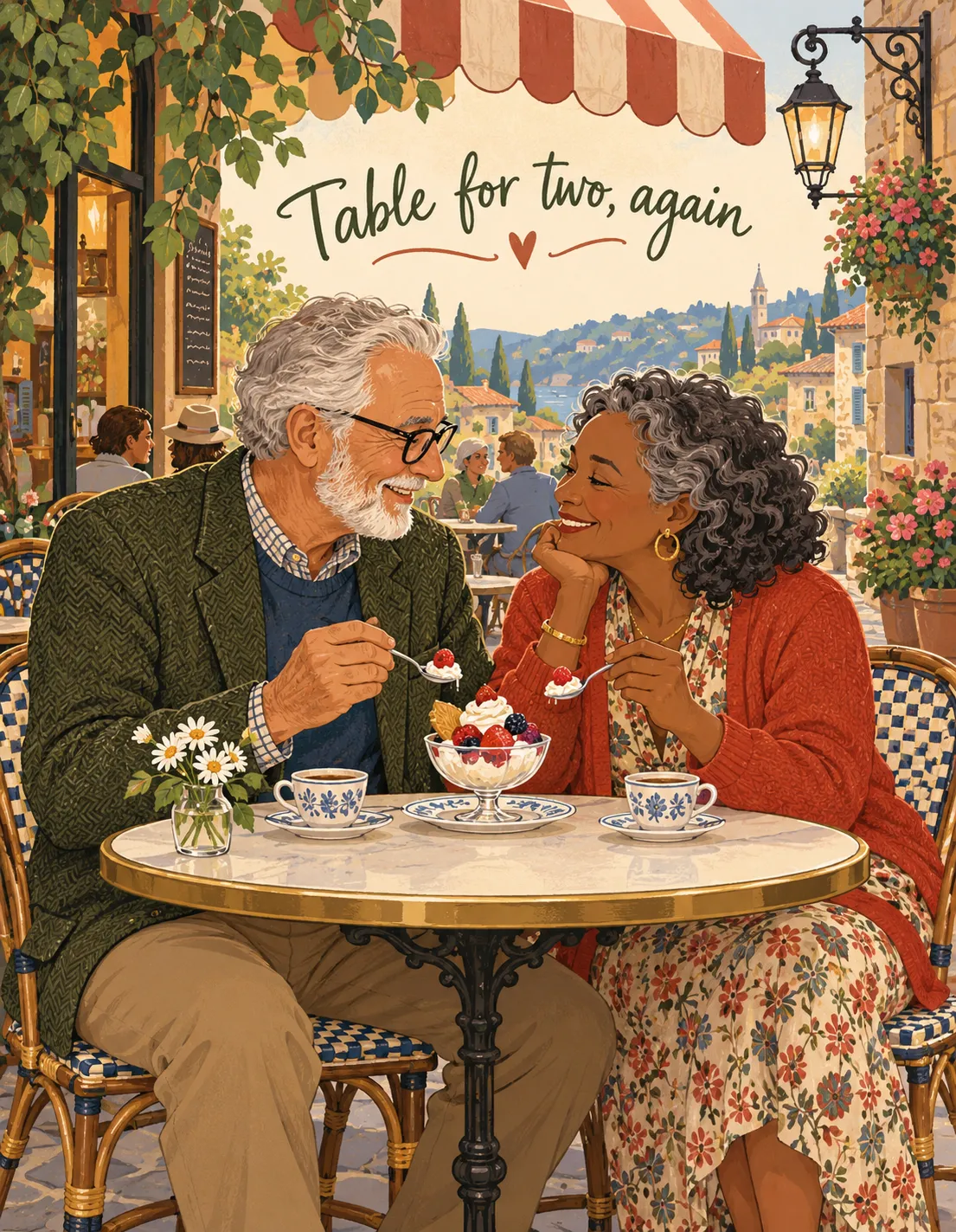 Anniversary card illustration: table for two, again