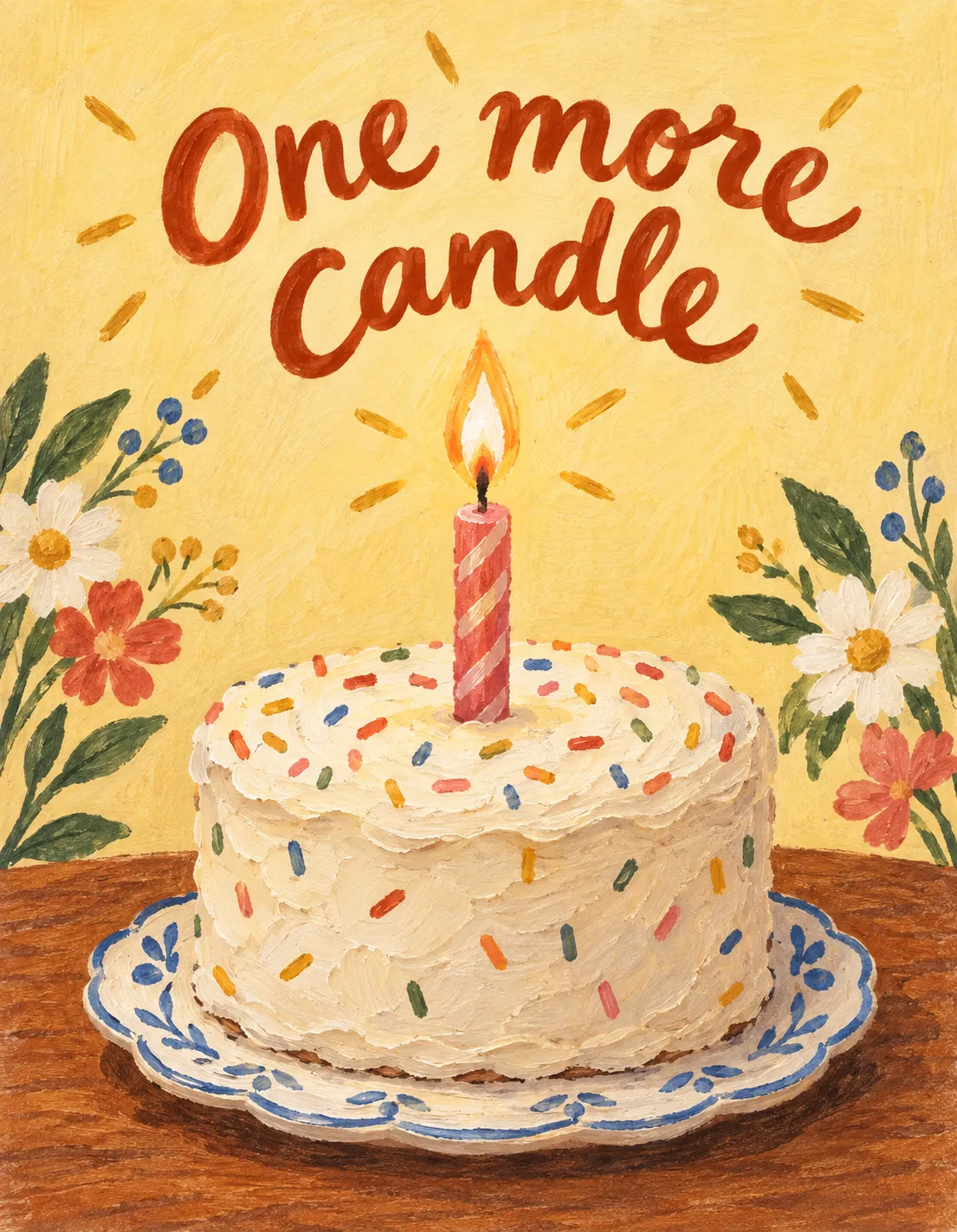 Birthday card illustration: one candle on a cake