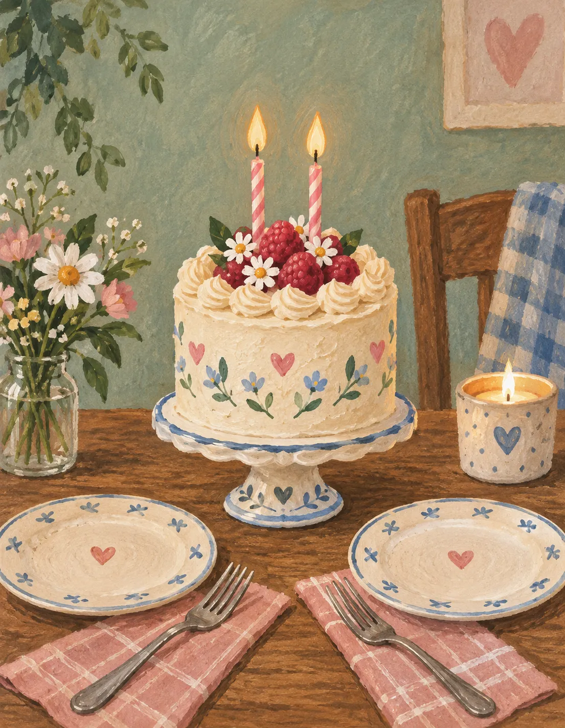 Birthday card illustration: cake for two