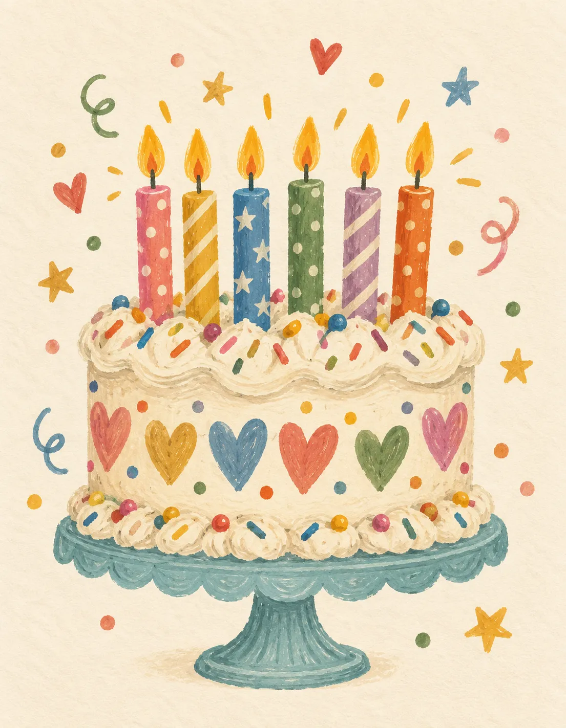 Birthday card illustration: a frosted cake with a band of hearts and six patterned candles