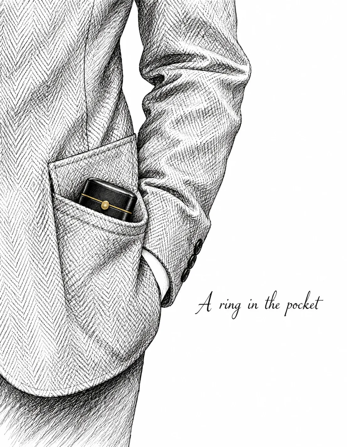 Engagement card illustration: a ring in the pocket