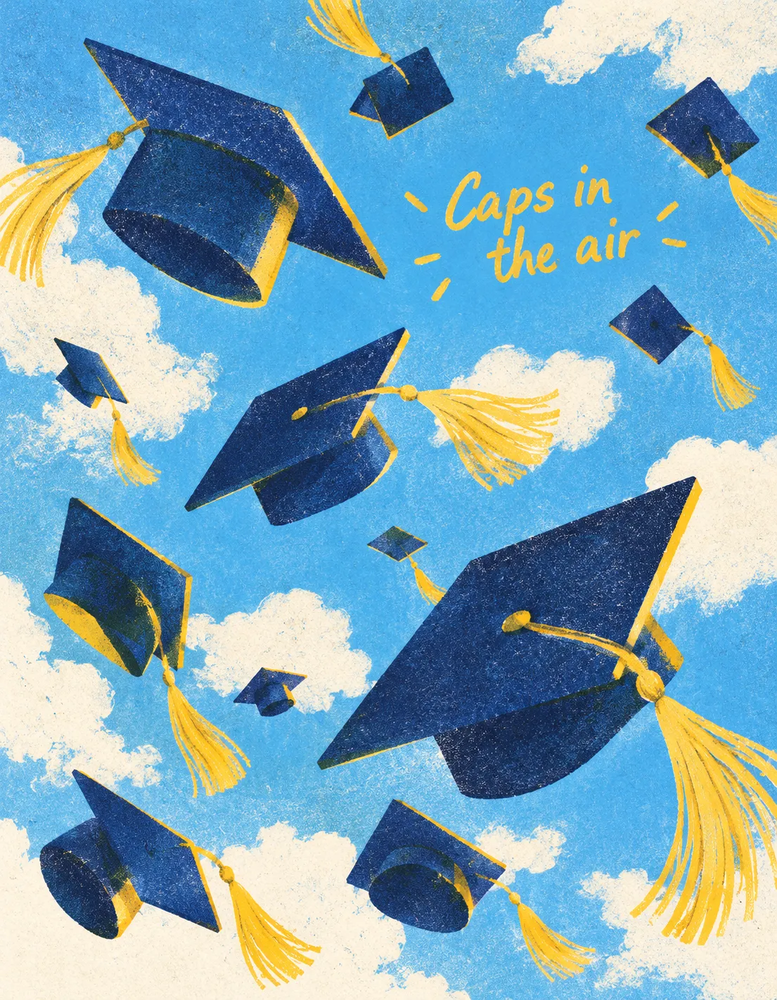 Graduation card illustration: caps in the air