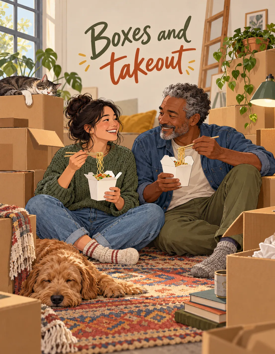 New Home card illustration: boxes and takeout