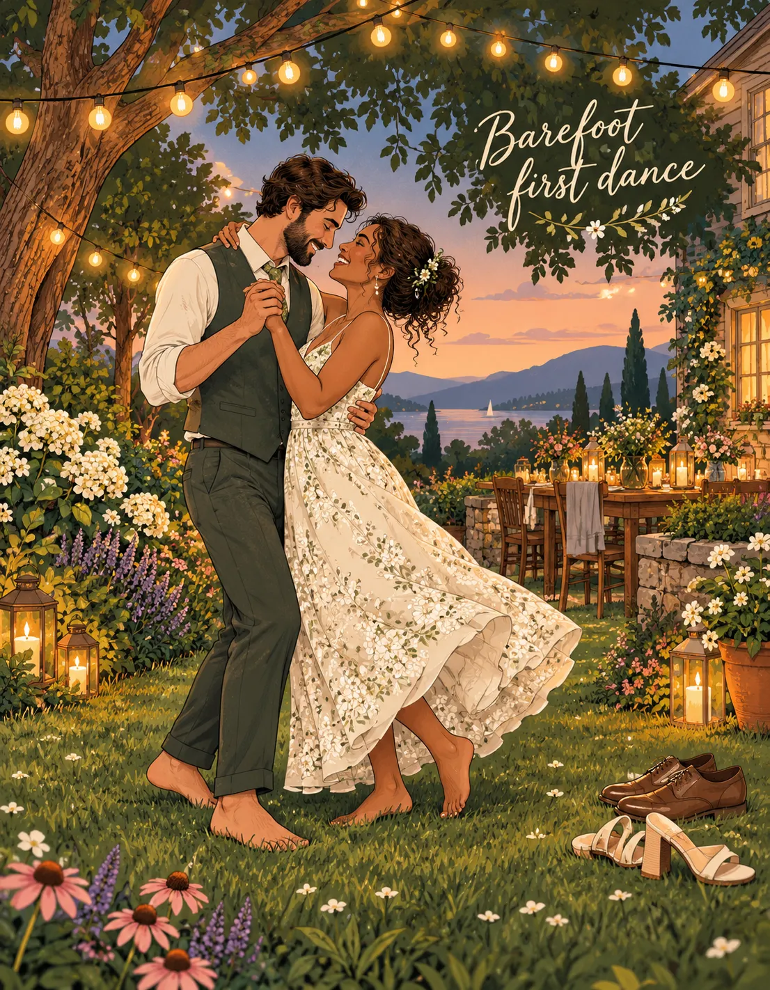 Wedding card illustration: barefoot first dance