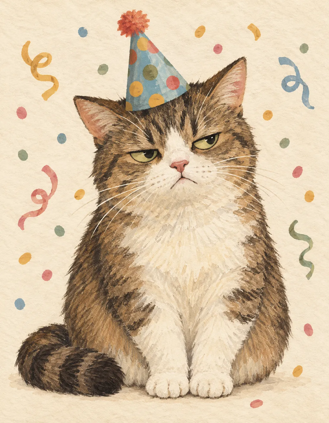 Pet Birthday card illustration: reluctant party hat