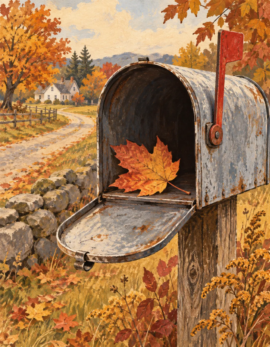 Fall card illustration: leaf in the mailbox
