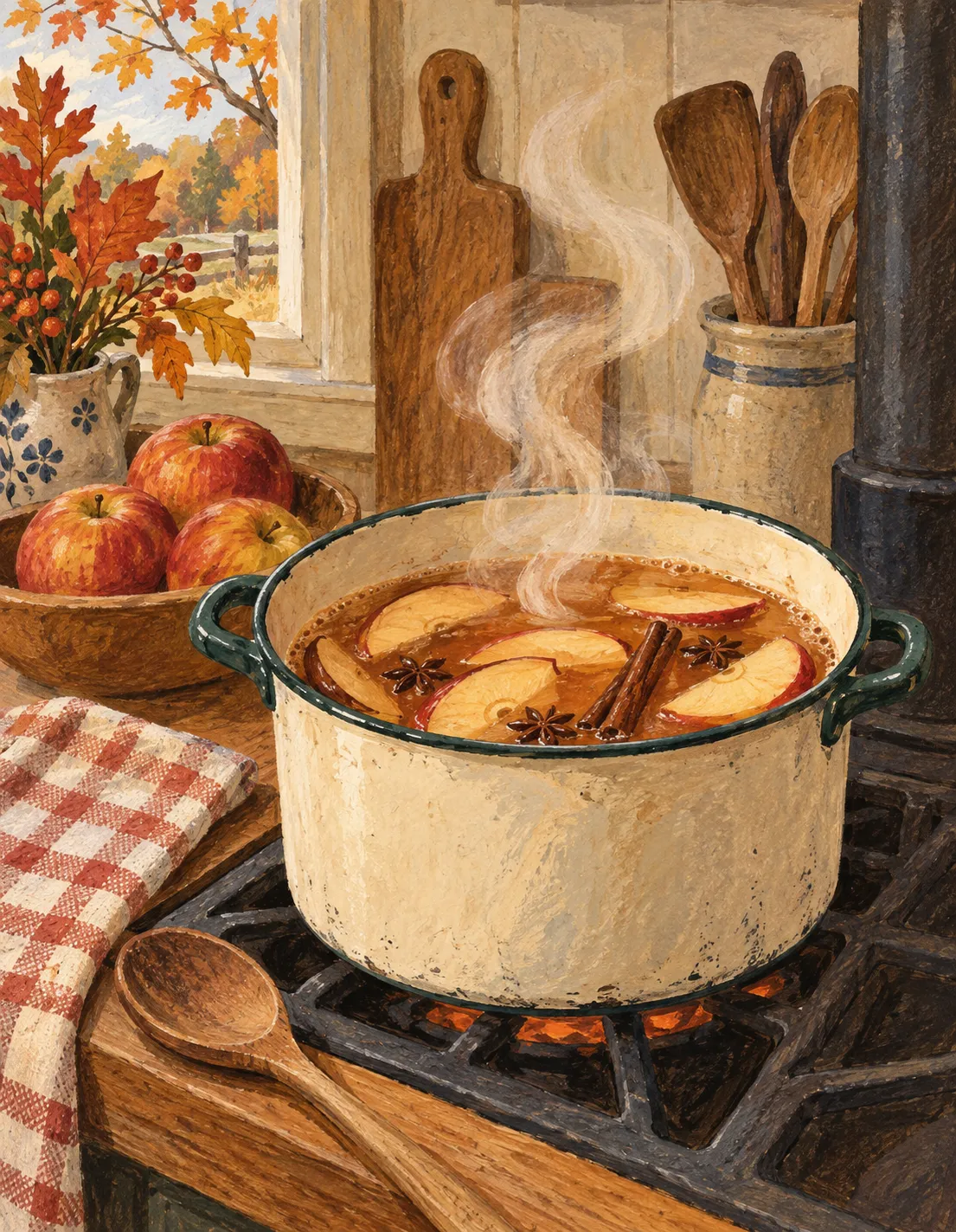 Fall card illustration: cider on the stove