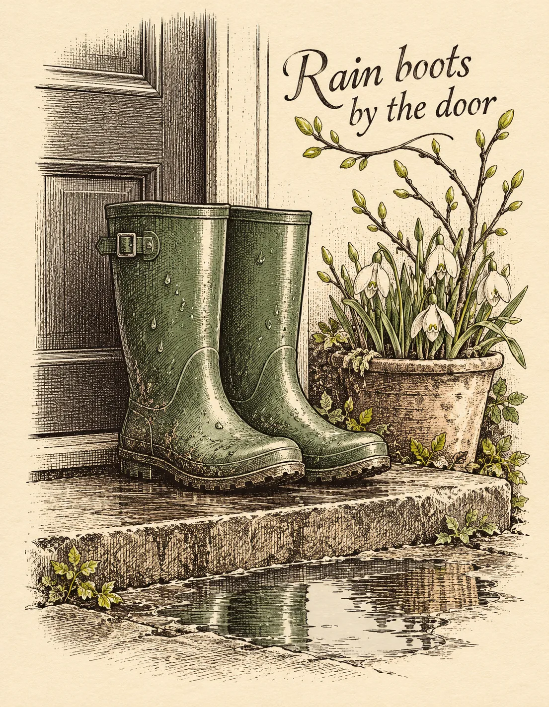 Spring card illustration: rain boots by the door