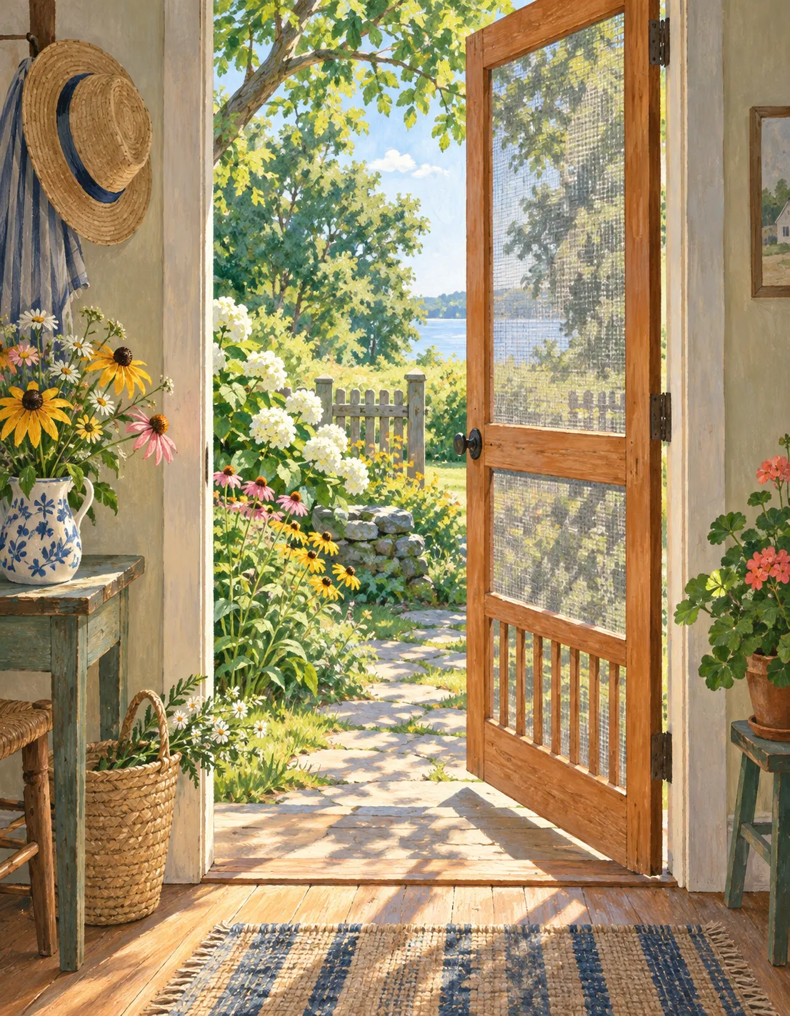 Summer card illustration: screen door open