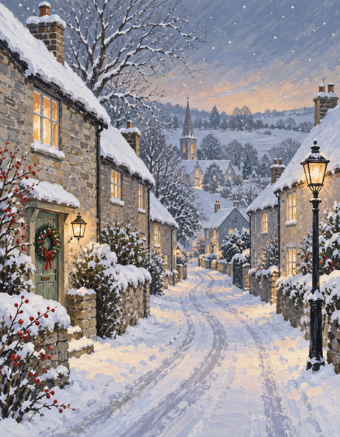Winter card illustration: quiet snow-covered street