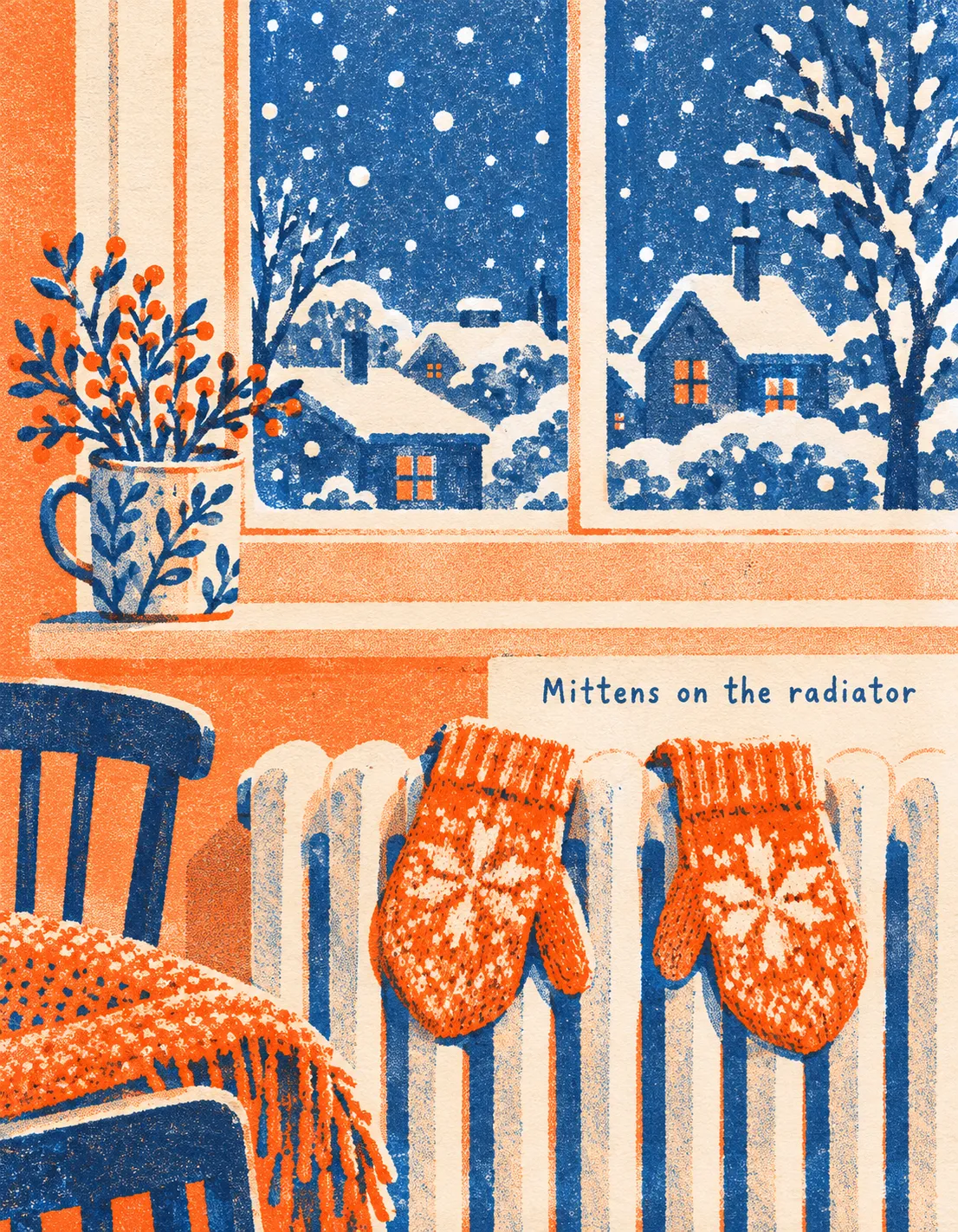 Winter card illustration: mittens on the radiator
