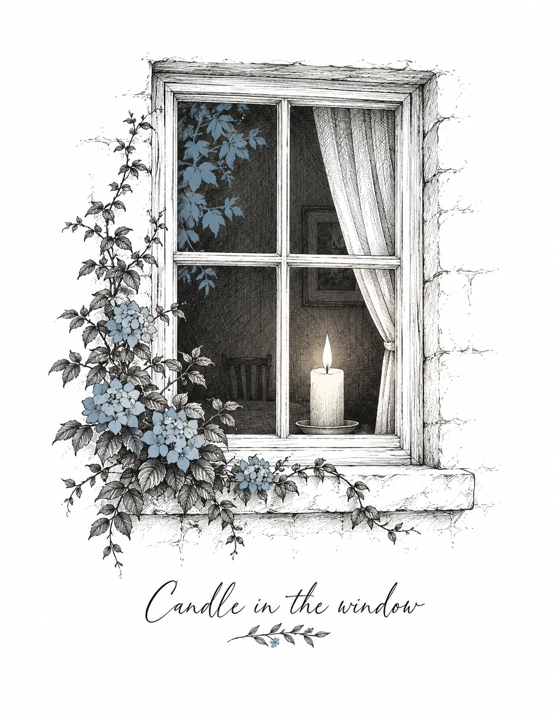Condolences card illustration: candle in the window
