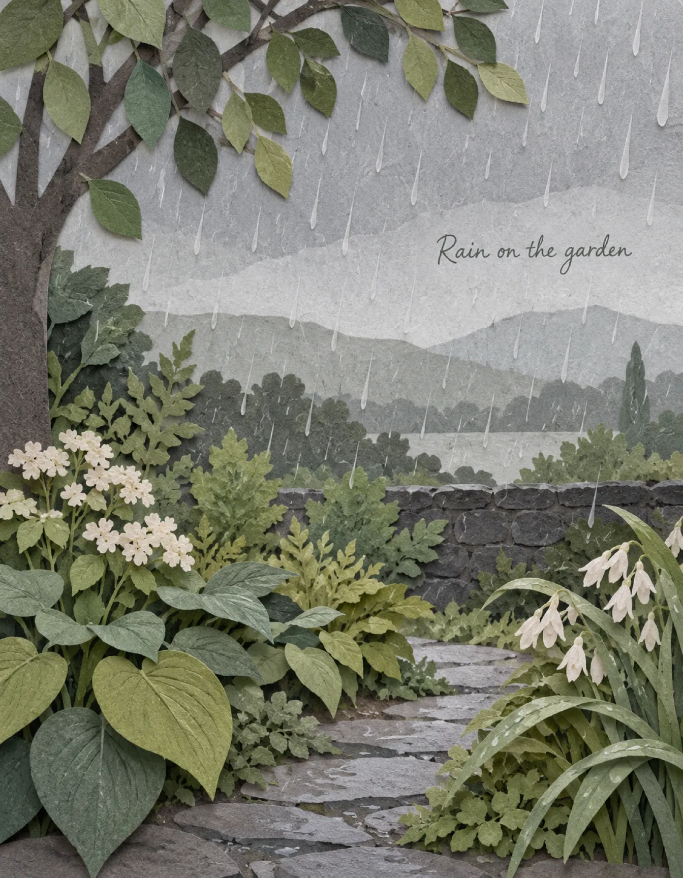 Condolences card illustration: rain on the garden