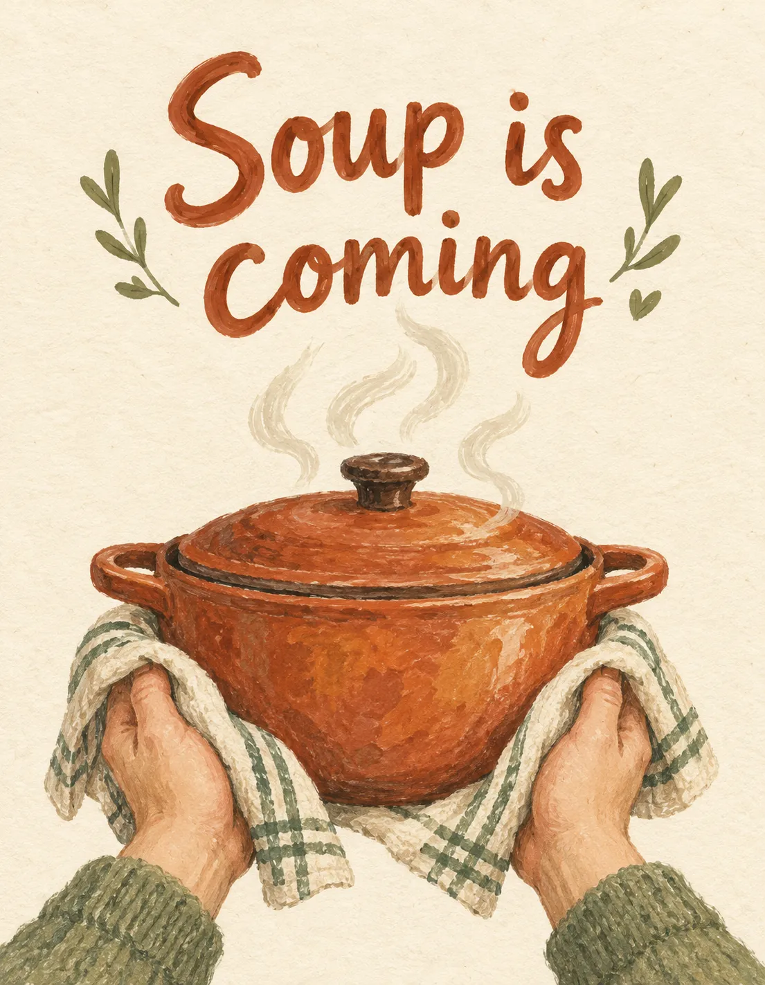 Get Well card illustration: soup on the way