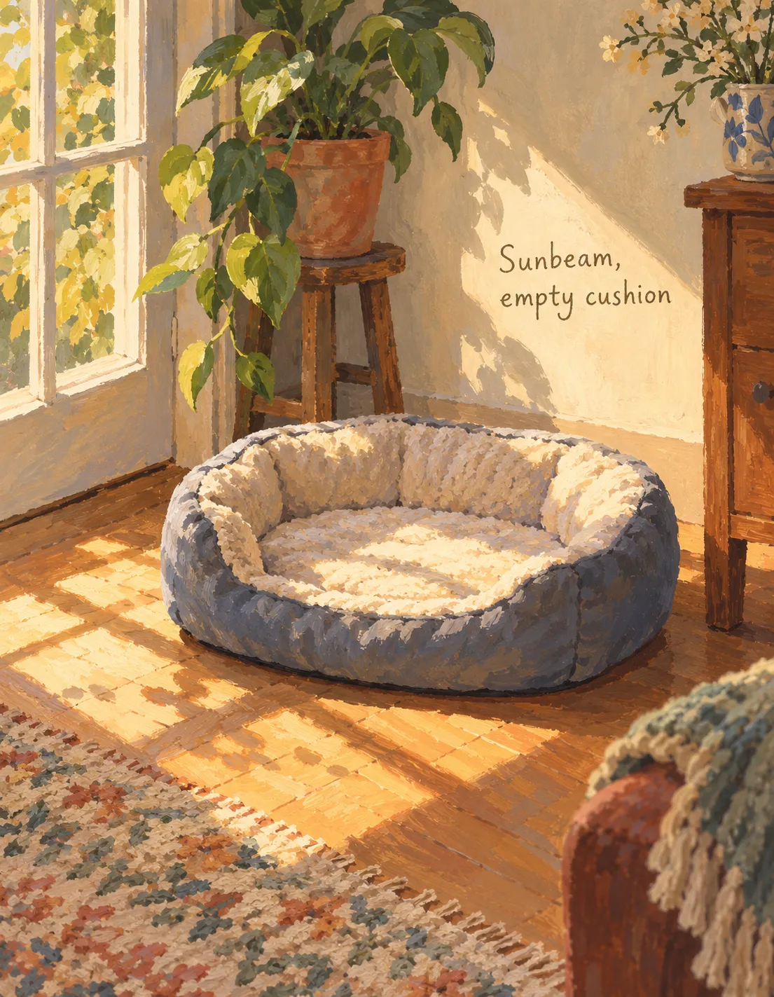 Pet Loss card illustration: sunbeam, empty cushion