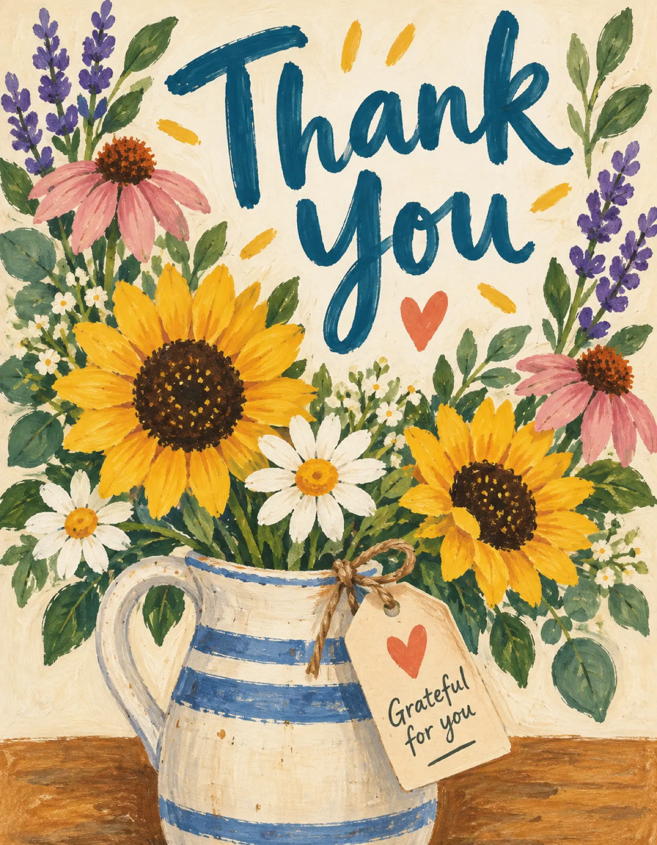 Thank You card illustration: sunflowers and daisies in a striped jug with a gift tag
