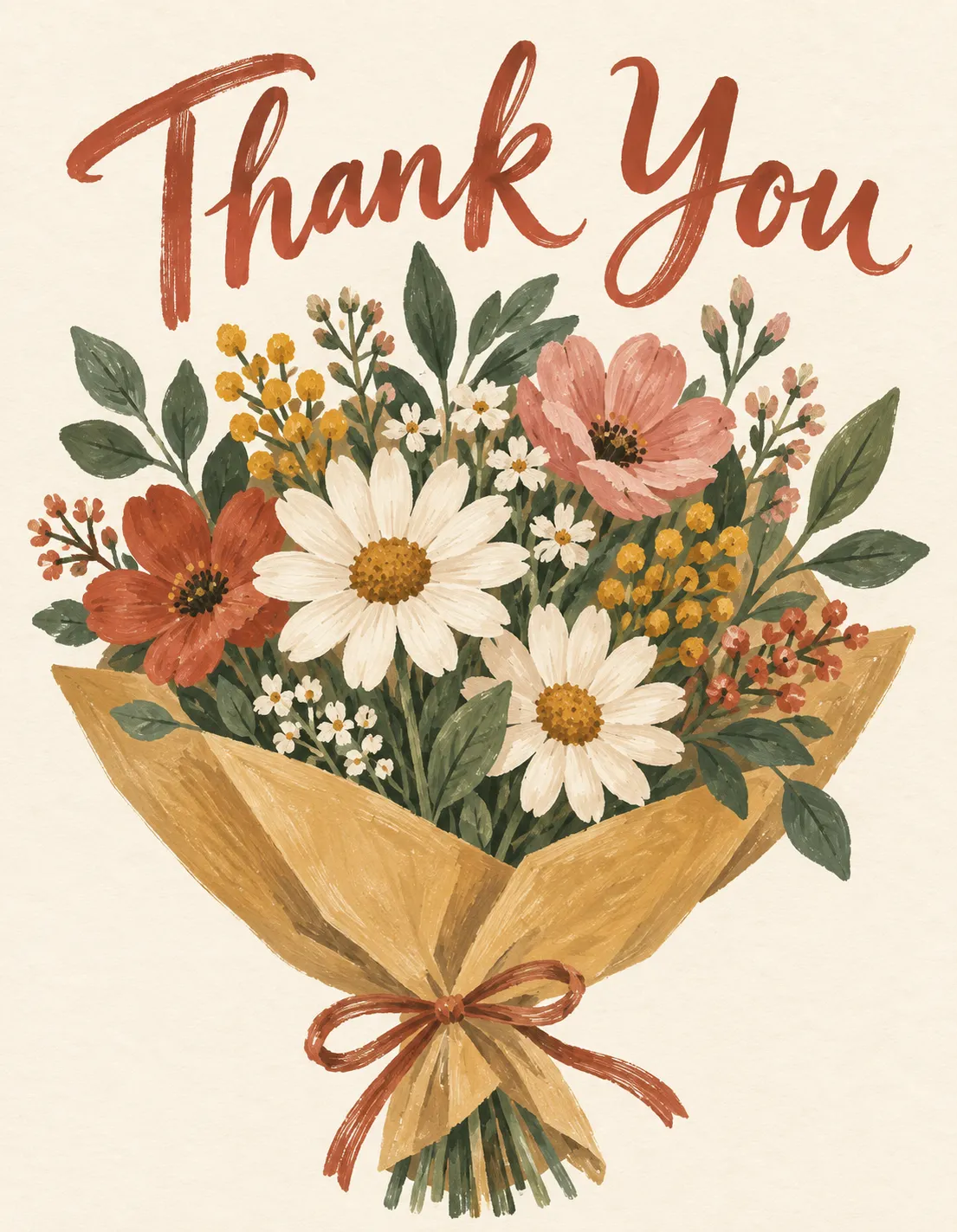 Thank You card illustration: a bouquet wrapped in kraft paper and tied with ribbon