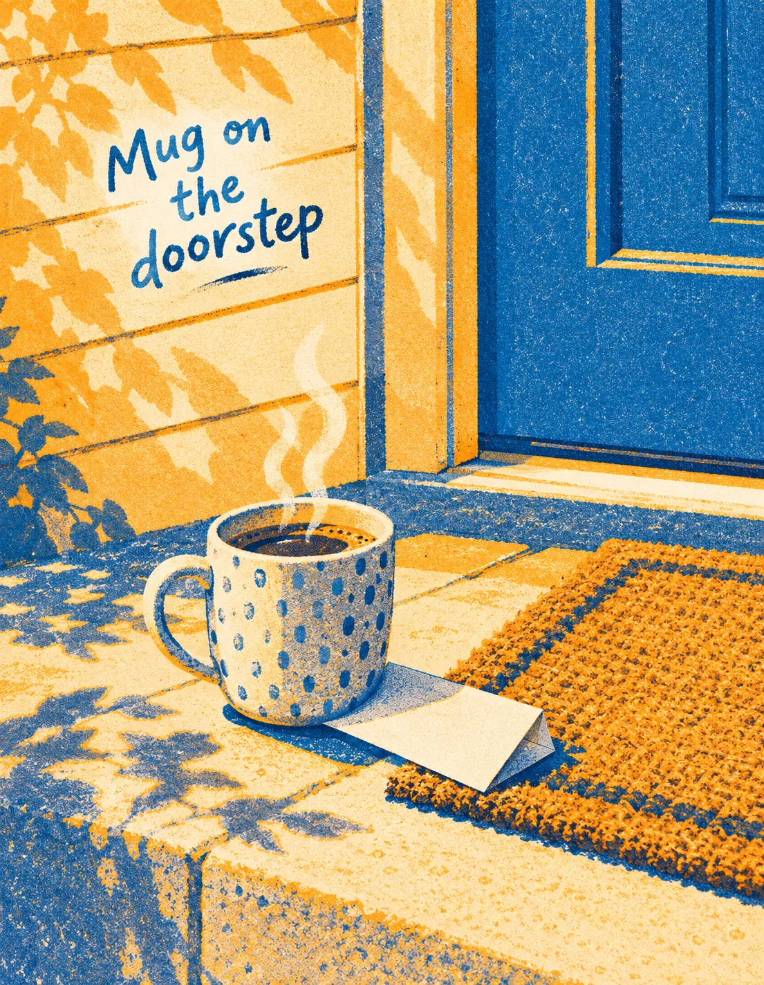 Thank You card illustration: a steaming mug left on a front doorstep with a folded note tucked beside it