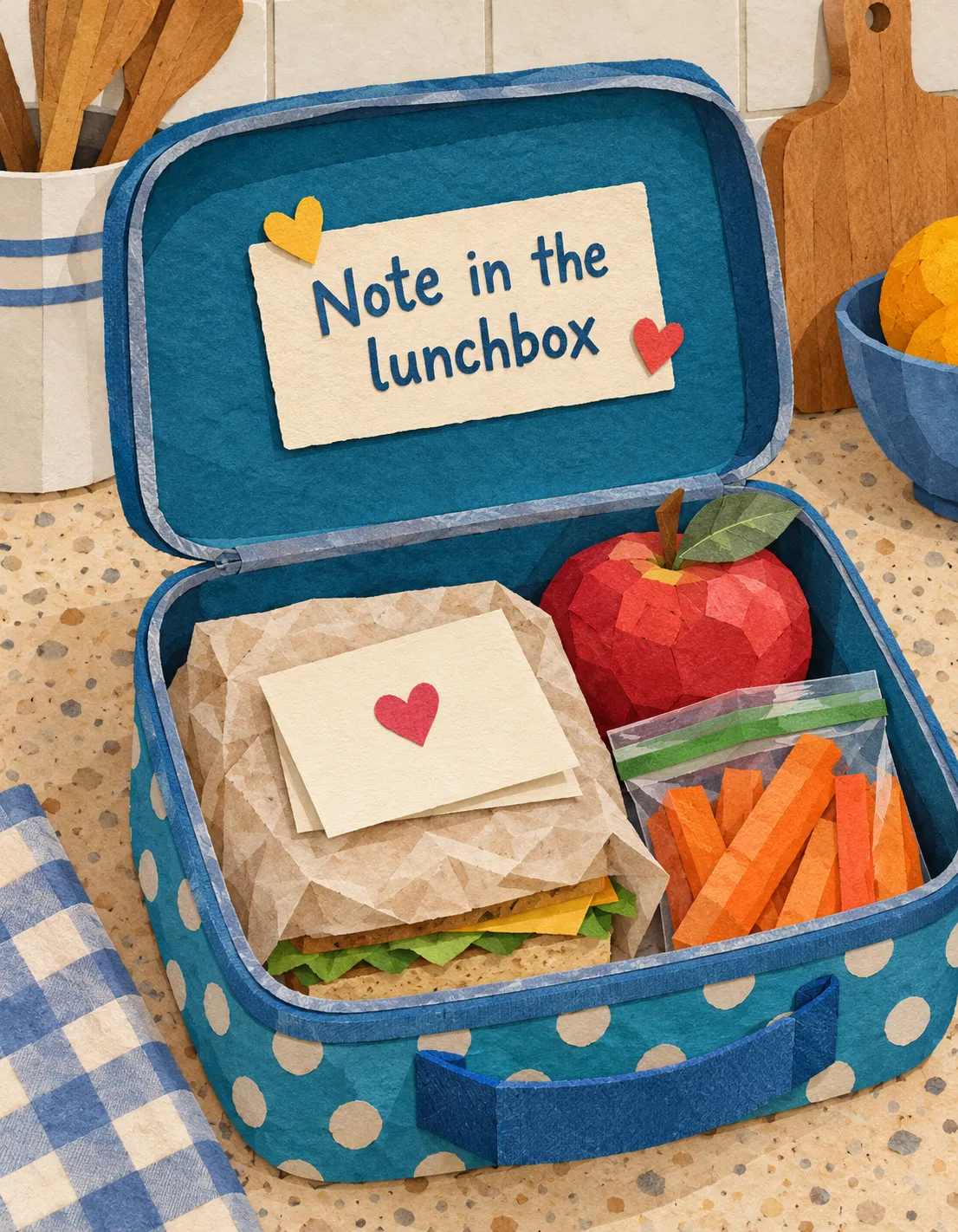 Thank You card illustration: an open lunchbox with a sandwich, an apple and a folded note with a small heart